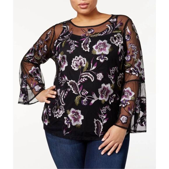 🔥🔥5 for $25🔥🔥Inc International Concepts Black Mesh Long Bell Sleeve Blouse Sz 2X - Picture 1 of 9